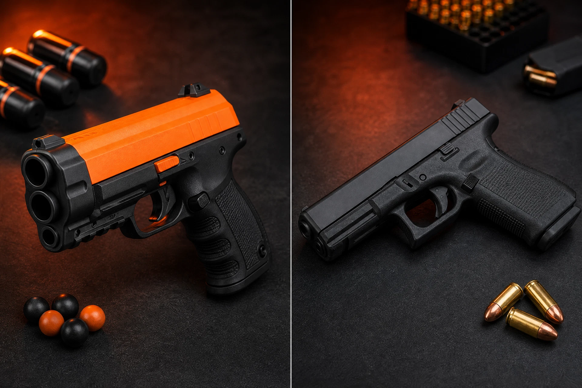 Self defense launcher vs firearm comparison editorial photo no permit required